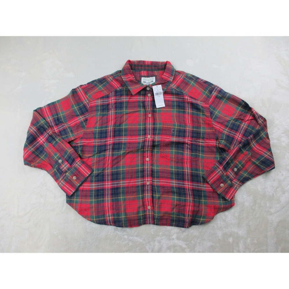 NEW American Eagle Shirt Womens Medium Red Plaid Button Up Long Sleeve Crop Top